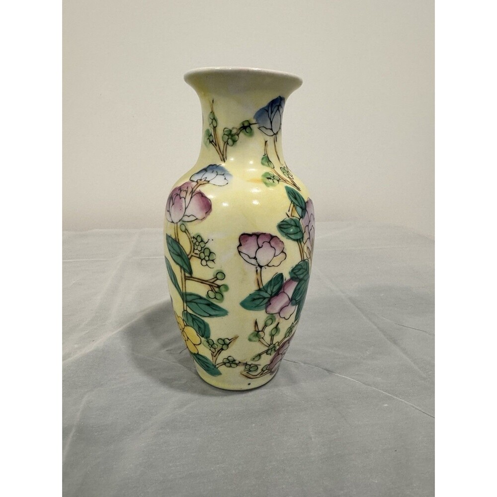 Vintage Hand Painted Floral Vase Yellow Ceramic Asian Style Small Vase